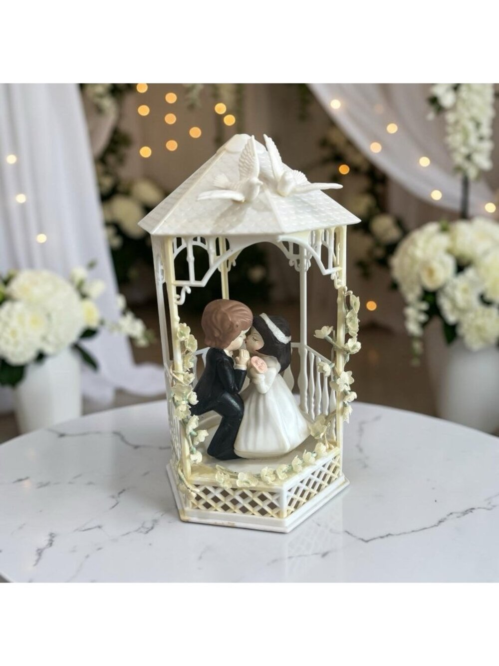 Vintage Cake Topper Cute Bride Broom Arbor Doves White Floral Wedding